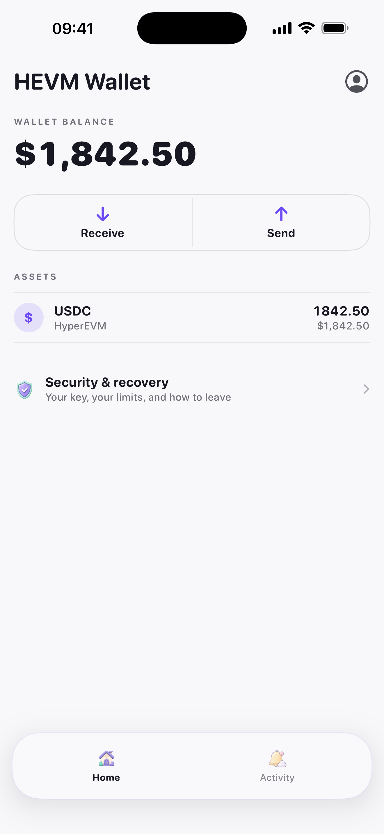 HEVM Wallet home screen with a demo $1,842.50 USDC balance, Send and Receive controls, and Security & recovery.